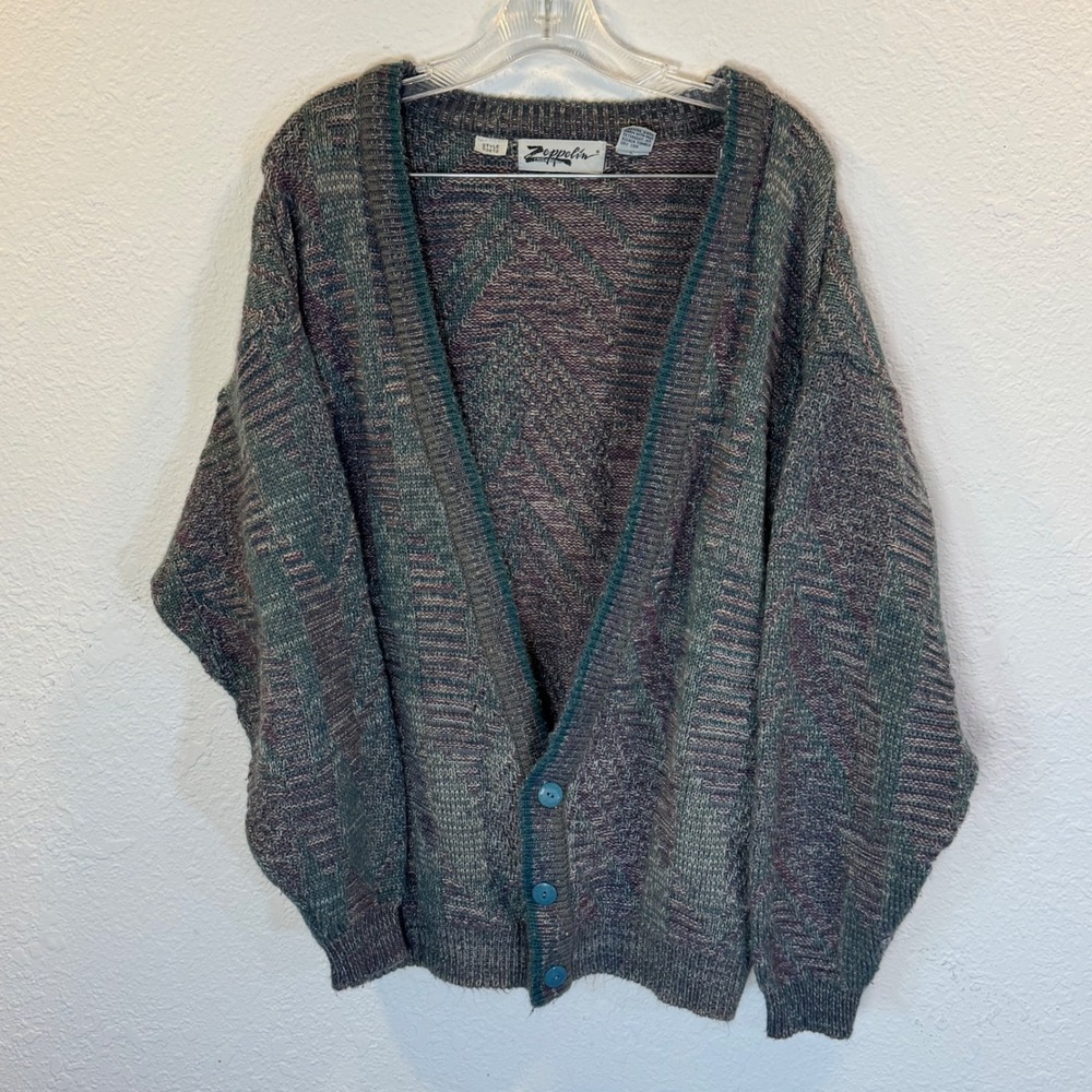 Zeppelin Vintage Mens Geometric Knit Cardigan Sweater Grey Purple Wool Blend M